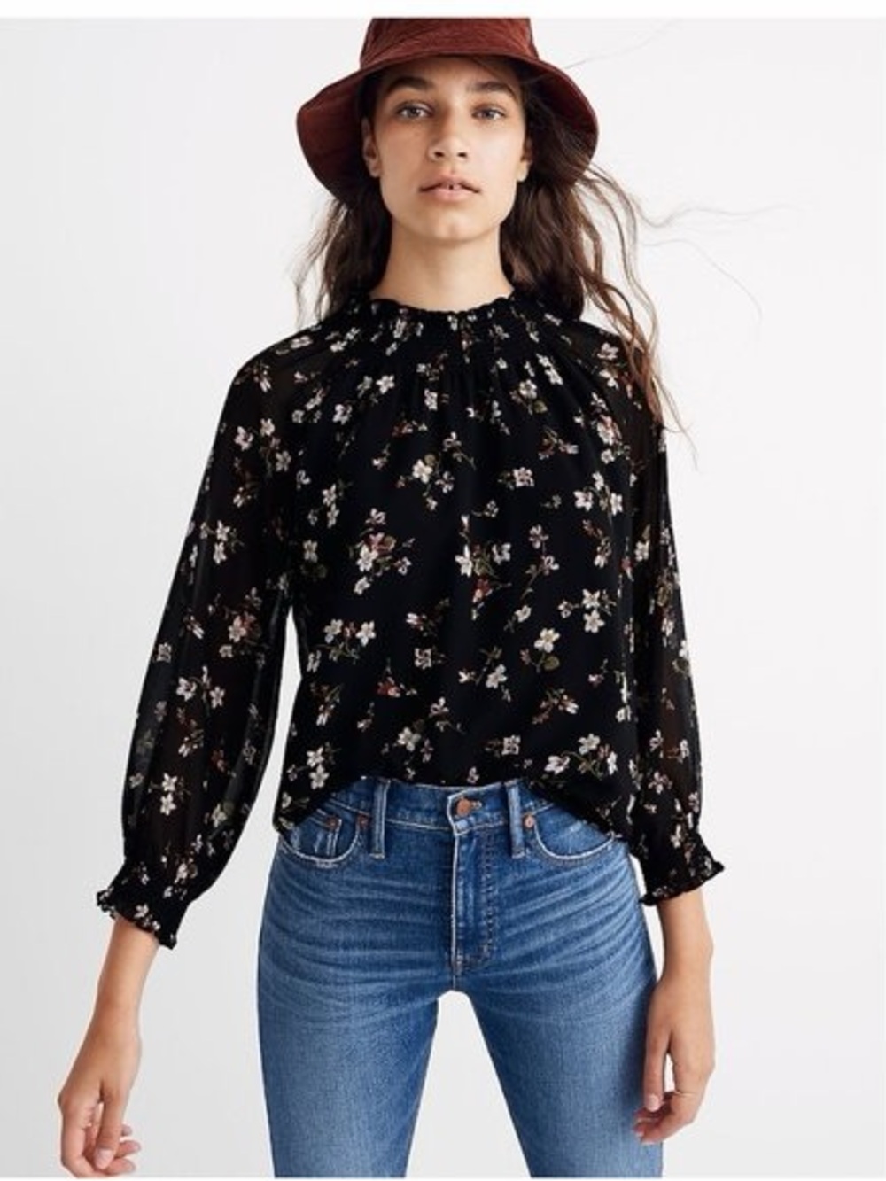 Madewell XL Black Floral Smocked Mock Neck Long Sleeve Blouse Romantic